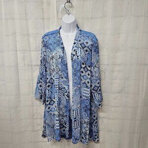 Susan Graver Blue Black Boho Sheer Crochet Open Kimono Geometric Retro L